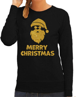 Bellatio Decorations Foute kersttrui/sweater voor dames - Merry Christmas - zwart - glitter goud - Kerstman 2XL