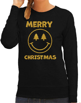 Bellatio Decorations Foute kersttrui/sweater voor dames - Merry Christmas - zwart - glitter goud - Smiley 2XL