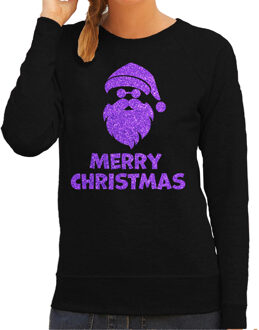 Bellatio Decorations Foute kersttrui/sweater voor dames - Merry Christmas - zwart - glitter paars - Kerstman 2XL