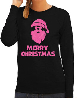 Bellatio Decorations Foute kersttrui/sweater voor dames - Merry Christmas - zwart - glitter roze - Kerstman 2XL