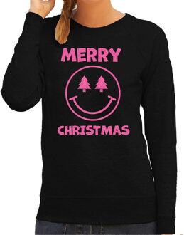 Bellatio Decorations Foute kersttrui / sweater - voor dames - Merry Christmas - zwart - glitter roze - Smile Emoticon XL
