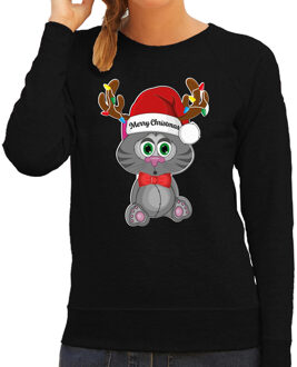 Bellatio Decorations Foute Kersttrui/sweater voor dames - Merry Christmas - zwart - kerstpoesje - kerst cadeau 2XL