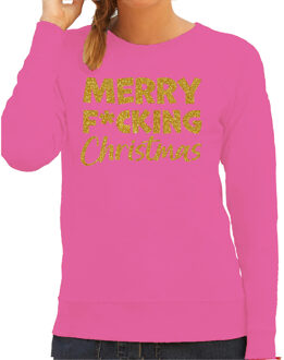 Bellatio Decorations Foute kersttrui/sweater voor dames - Merry F*cking Christmas - roze - glitter goud 2XL