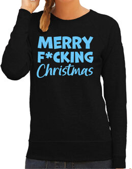 Bellatio Decorations Foute kersttrui/sweater voor dames - Merry F*cking Christmas - zwart - glitter blauw 2XL