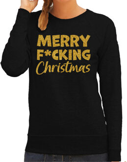 Bellatio Decorations Foute kersttrui/sweater voor dames - Merry F*cking Christmas - zwart - glitter goud 2XL