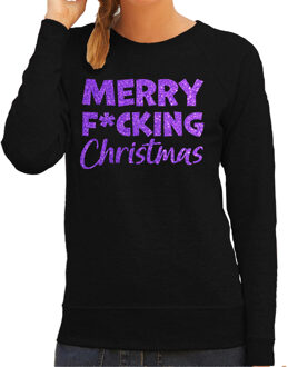 Bellatio Decorations Foute kersttrui/sweater voor dames - Merry F*cking Christmas - zwart - glitter paars M
