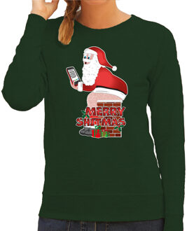 Bellatio Decorations Foute Kersttrui/sweater voor dames - Merry Shitmas - groen - kerstman op de WC 2XL