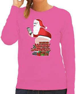 Bellatio Decorations Foute Kersttrui/sweater voor dames - Merry Shitmas - roze - kerstman op de WC 2XL