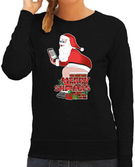 Bellatio Decorations Foute Kersttrui/sweater voor dames - Merry Shitmas - zwart - kerstman op de WC 2XL