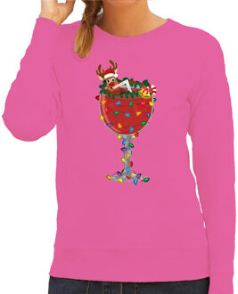 Bellatio Decorations Foute Kersttrui/sweater voor dames -met Rudolf - roze - kerstcadeau 2XL