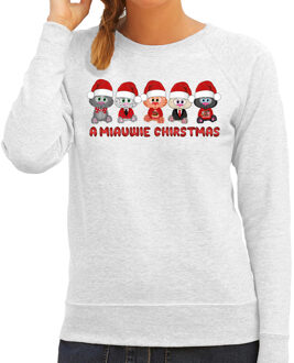 Bellatio Decorations Foute Kersttrui/sweater voor dames - miauwie kerstfeest - grijs - Kerst poesjes
