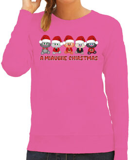 Bellatio Decorations Foute Kersttrui/sweater voor dames - miauwie kerstfeest - roze - Kerst poesjes 2XL