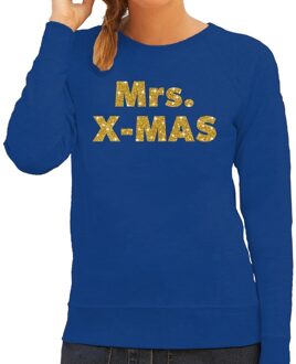 Bellatio Decorations Foute Kersttrui sweater voor dames - Mrs. x-mas - blauw - met gouden glitter letters - kerstkleding