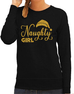Bellatio Decorations Foute kersttrui/sweater voor dames - Naughty Girl - zwart - glitter goud - Kerstmuts M