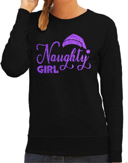 Bellatio Decorations Foute kersttrui/sweater voor dames - Naughty Girl - zwart - glitter paars - Kerstmuts