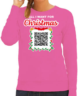 Bellatio Decorations Foute kersttrui/sweater voor dames - QR code - Een lekkere gast - roze - kerstsweater XL