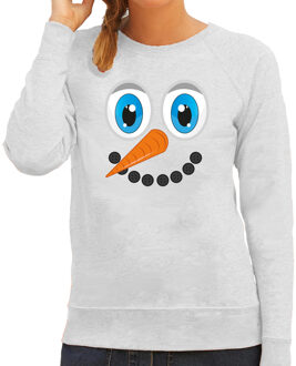 Bellatio Decorations Foute Kersttrui/sweater voor dames - Sneeuwpop gezicht - lichtgrijs