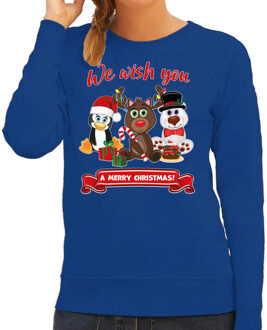 Bellatio Decorations Foute Kersttrui sweater - voor dames - We wish you - blauw - kerst dieren - kerst cadeau M