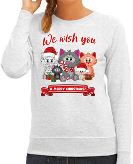 Bellatio Decorations Foute Kersttrui / sweater voor dames - We wish you - grijs - kerst katjes - kerst cadeau
