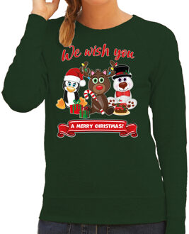 Bellatio Decorations Foute Kersttrui sweater - voor dames - We wish you - groen - dieren S