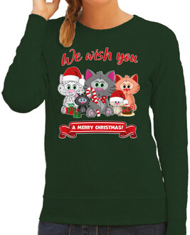 Bellatio Decorations Foute Kersttrui/sweater voor dames - We wish you - groen - kerst katjes - kerst cadeau 2XL