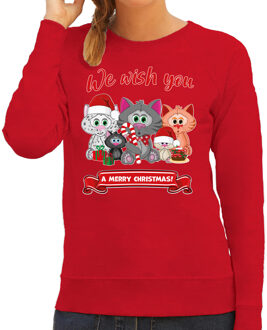 Bellatio Decorations Foute Kersttrui / sweater voor dames - We wish you - rood - kerst katjes - kerst cadeau S
