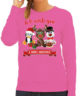 Bellatio Decorations Foute Kersttrui sweater - voor dames - We wish you - roze - kerst dieren - kerst cadeau XS