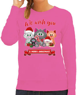 Bellatio Decorations Foute Kersttrui/sweater voor dames - We wish you - roze - kerst katjes - kerst cadeau 2XL