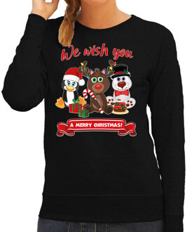 Bellatio Decorations Foute Kersttrui sweater - voor dames - We wish you - zwart - dieren XS
