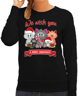 Bellatio Decorations Foute Kersttrui/sweater voor dames - We wish you - zwart - kerst katjes - kerst cadeau 2XL