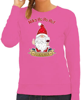 Bellatio Decorations Foute Kersttrui/sweater voor dames - Wijn kabouter/gnoom - roze - Doordrinken L