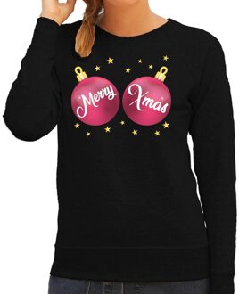 Bellatio Decorations Foute kersttrui sweater - voor dames - zwart - met roze Merry Xmas ballen