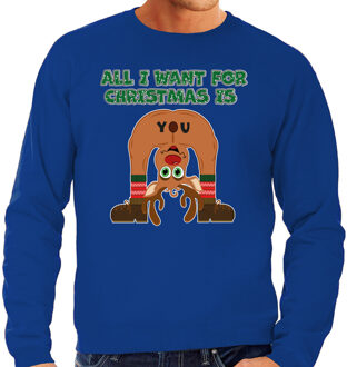 Bellatio Decorations Foute Kersttrui/sweater voor heren - All I Want is - blauw - blote kont - rendier