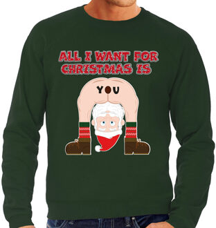 Bellatio Decorations Foute Kersttrui/sweater voor heren - All I Want is - groen - blote kont - kerstman 2XL