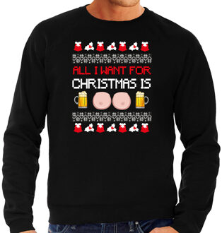 Bellatio Decorations Foute Kersttrui/sweater voor heren - Bier en tieten - zwart - drank/borsten 2XL - kerst truien
