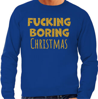 Bellatio Decorations Foute Kersttrui/sweater voor heren - Boring Christmas - blauw - glitter goud 2XL