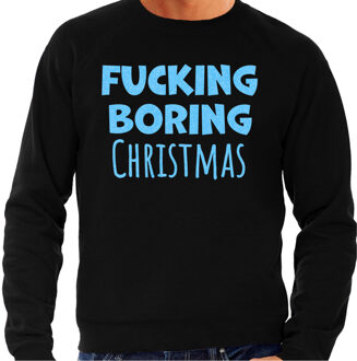 Bellatio Decorations Foute Kersttrui/sweater voor heren - Boring Christmas - zwart - glitter blauw 2XL