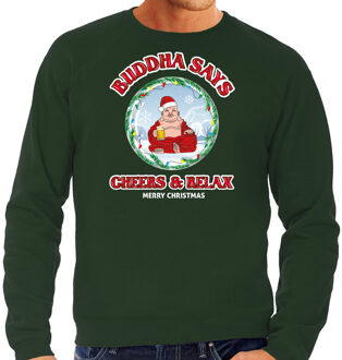 Bellatio Decorations Foute Kersttrui/sweater voor heren - buddha says cheers & relax - groen - proost - bier