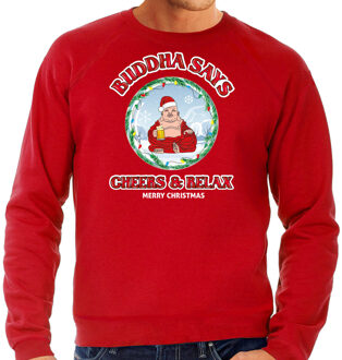 Bellatio Decorations Foute Kersttrui/sweater voor heren - buddha says cheers & relax - rood - proost - bier