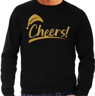 Bellatio Decorations Foute Kersttrui/sweater voor heren - cheers! - zwart - glitter goud - kerstfeest L