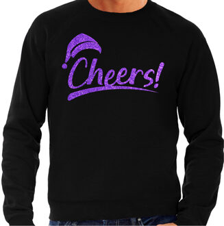 Bellatio Decorations Foute Kersttrui/sweater voor heren - cheers! - zwart - glitter paars - kerstfeest L