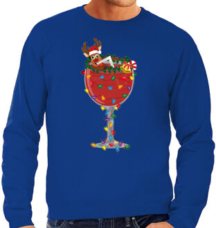 Bellatio Decorations Foute Kersttrui/sweater voor heren - cocktailglas met Rudolf - blauw M