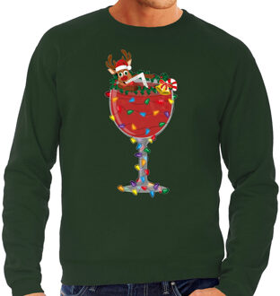 Bellatio Decorations Foute Kersttrui/sweater voor heren - cocktailglas met Rudolf - groen XL
