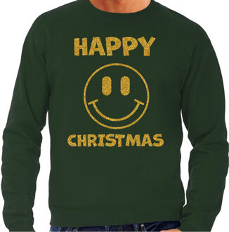 Bellatio Decorations Foute Kersttrui/sweater voor heren - Happy Christmas - Smile Emoticon - groen - glitter goud