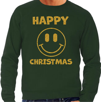 Bellatio Decorations Foute Kersttrui/sweater voor heren - Happy Christmas - smiley - groen - glitter goud 2XL