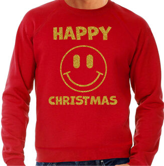 Bellatio Decorations Foute Kersttrui/sweater voor heren - Happy Christmas - smiley - rood - glitter goud 2XL