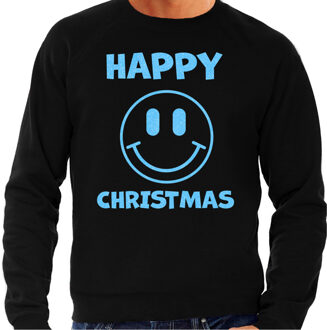 Bellatio Decorations Foute Kersttrui/sweater voor heren - Happy Christmas - smiley - zwart - glitter blauw 2XL