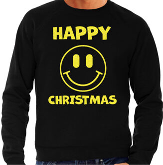 Bellatio Decorations Foute Kersttrui/sweater voor heren - Happy Christmas - smiley - zwart - glitter geel 2XL