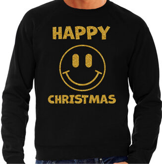 Bellatio Decorations Foute Kersttrui/sweater voor heren - Happy Christmas - smiley - zwart - glitter goud 2XL