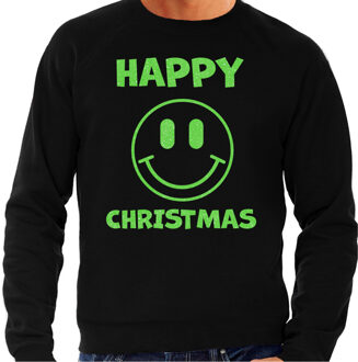 Bellatio Decorations Foute Kersttrui/sweater voor heren - Happy Christmas - smiley - zwart - glitter groen 2XL